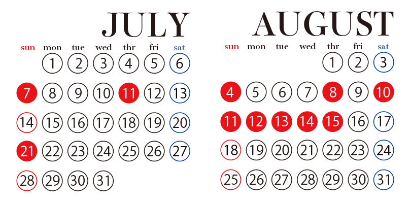 美容皮膚科、7・8月のカレンダー